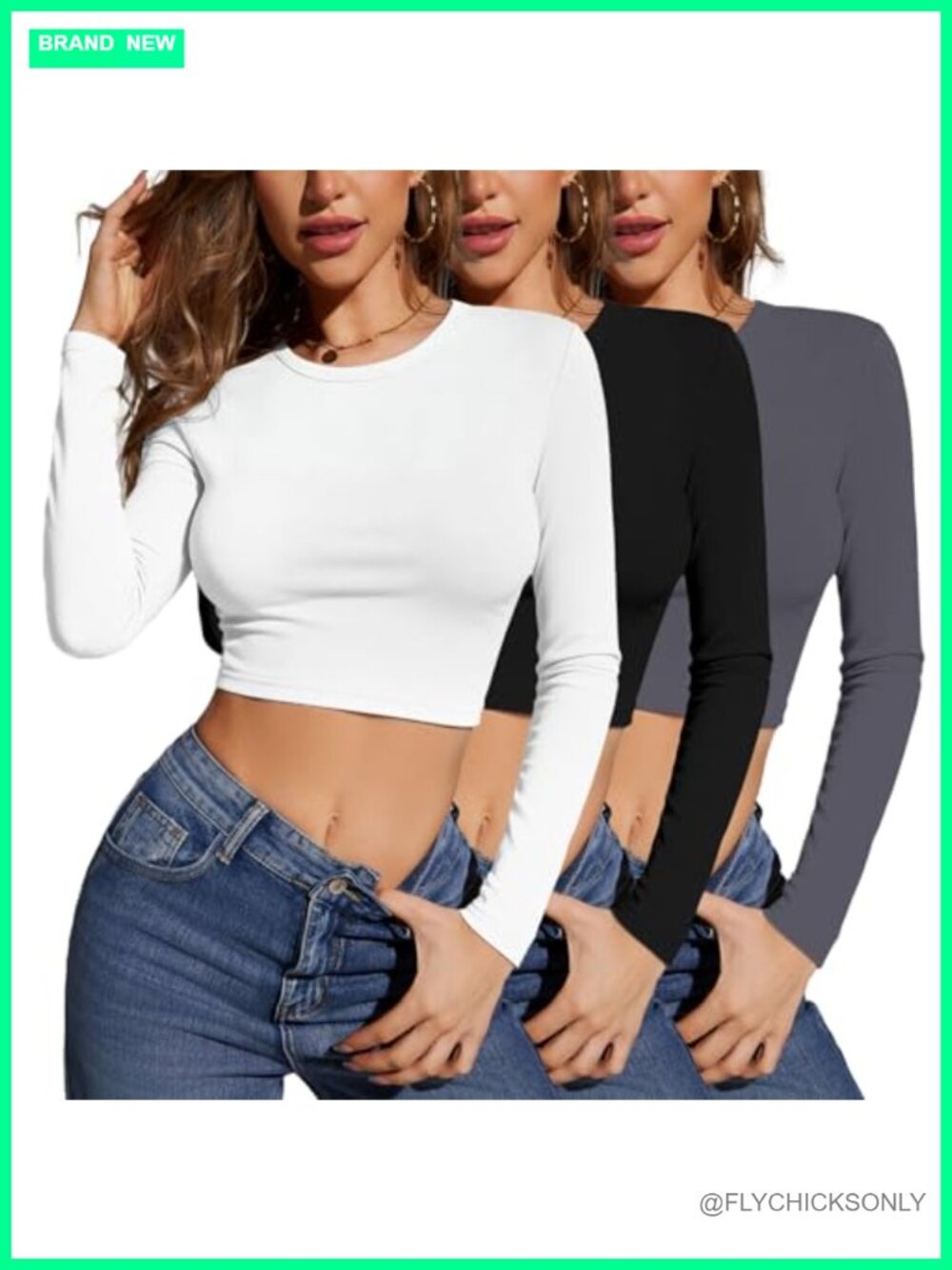 Women's 3 Pack Long Sleeve Crop Tops Slim Fit Crewneck T-Shirts